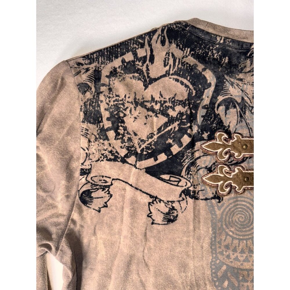 Franky Max XL Taupe Long Sleeve Distressed Cross all over Graphic Tee affliction - Picture 10 of 10